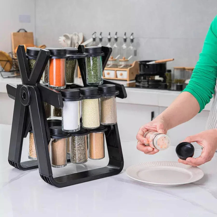 360° Rotating Ferris Wheel Spice Rack with 18 Glass Jars